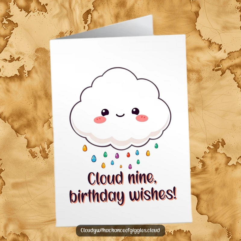 Funny Free Printable Birthday Card: Fluffy cloud character happily rains colorful drops, blessing your birthday with cheer.