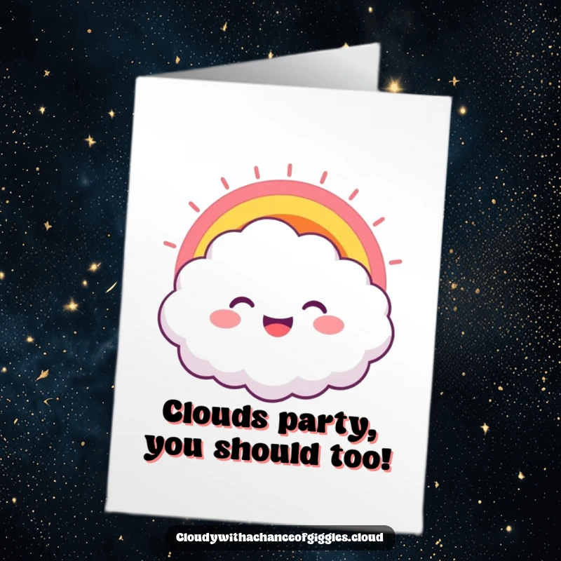 Funny Free Printable Birthday Card: Joyful fluffy cloud with a vibrant rainbow shooting from its wide, happy grin.