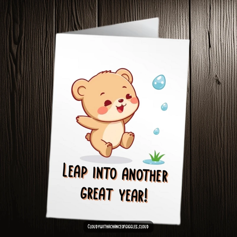 Funny Free Printable Birthday Card: A tiny bear cub joyfully leaps to catch a falling raindrop, full of excitement.