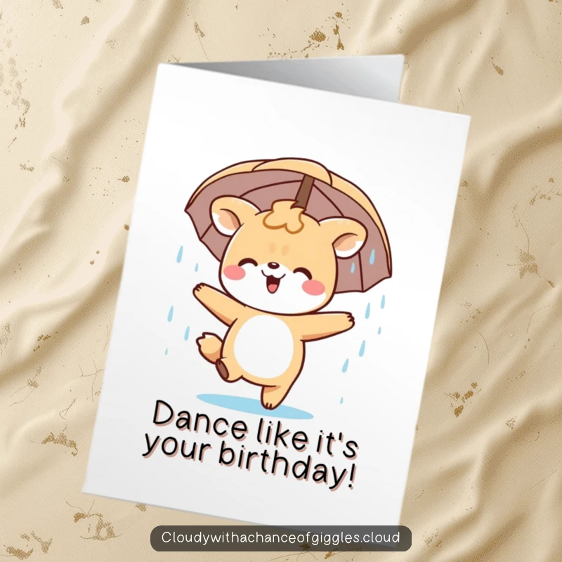 Funny Free Printable Birthday Card: Happy animal character joyfully dancing in a gentle rain shower, celebrating, downloadable.