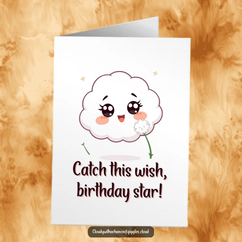 Funny Free Printable Birthday Card: Excited cloud with wide eyes playfully chases a fluffy dandelion seed, perfect for a fun greeting.