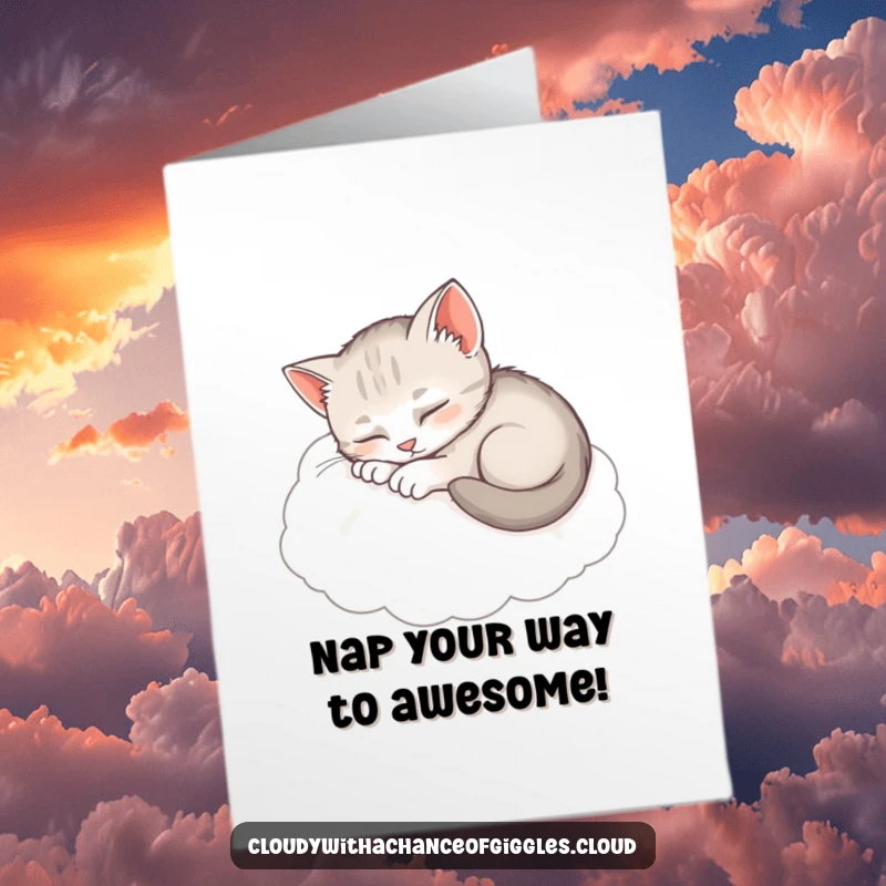 Funny Free Printable Birthday Card: A sleepy kitten curled up cozily on a soft, fluffy cloud, peacefully napping.