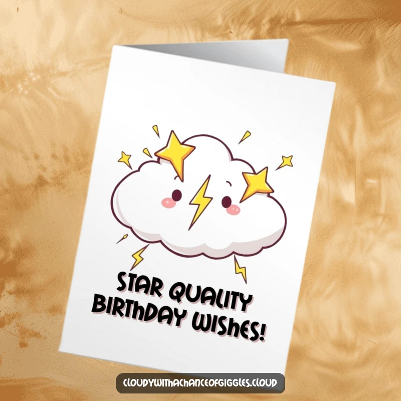 Funny Free Printable Birthday Card: A happy cloud zipping across the sky with star-shaped lightning bolts.