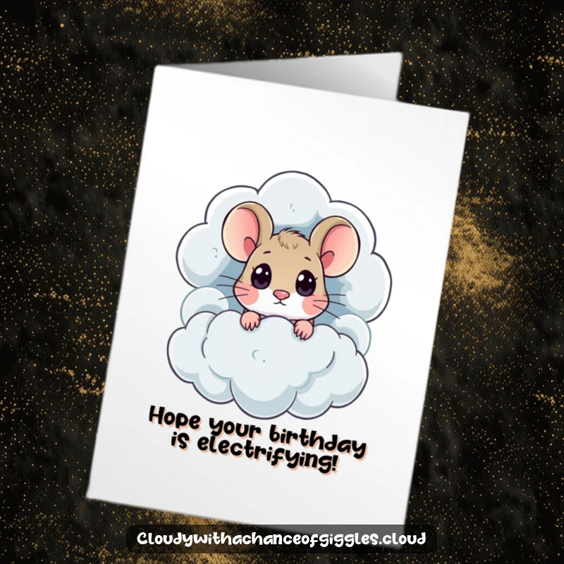 Funny Free Printable Birthday Card: A curious mouse with big eyes peeks from behind a dark thundercloud, ready for a birthday surprise.