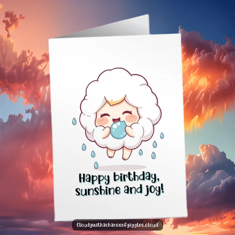 Funny Free Printable Birthday Card: A fluffy cloud child giggles while bouncing a soft raindrop ball.