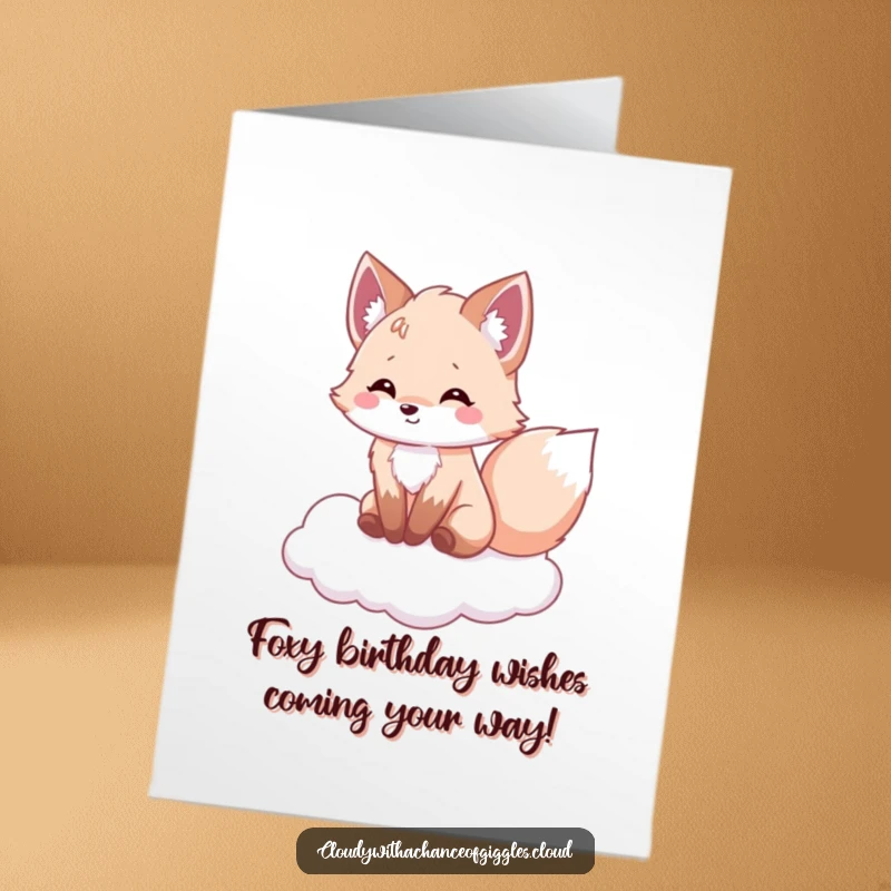 Funny Free Printable Birthday Card: A fluffy fox sits happily on a cloud, its tail wagging with pure delight.