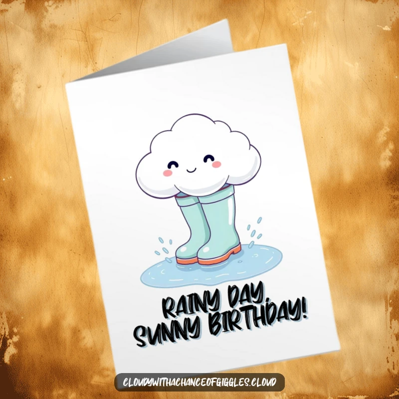 Funny Free Printable Birthday Card: Cloud in Giant Rain Boots Splashing Merrily in a Puddle, Ready to Celebrate!