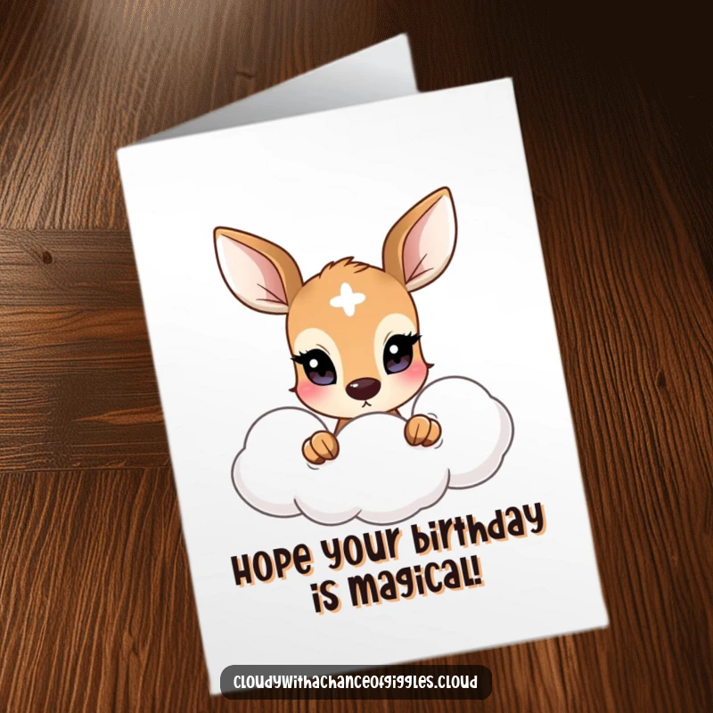 Funny Free Printable Birthday Card: A shy deer with wide eyes peeks from behind a fluffy cloud, wishing happy birthday.