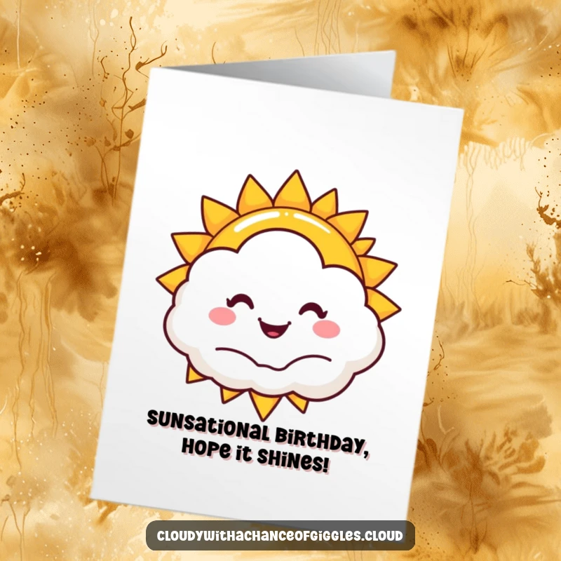 Funny Free Printable Birthday Card: A smiling sun peeks cheekily from behind a happy, puffy cloud, spreading birthday cheer.