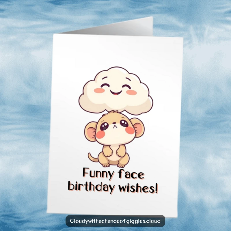 Funny Free Printable Birthday Card: Curious creature looking up at a cloud shaped like a funny face, whimsical and humorous, downloadable.