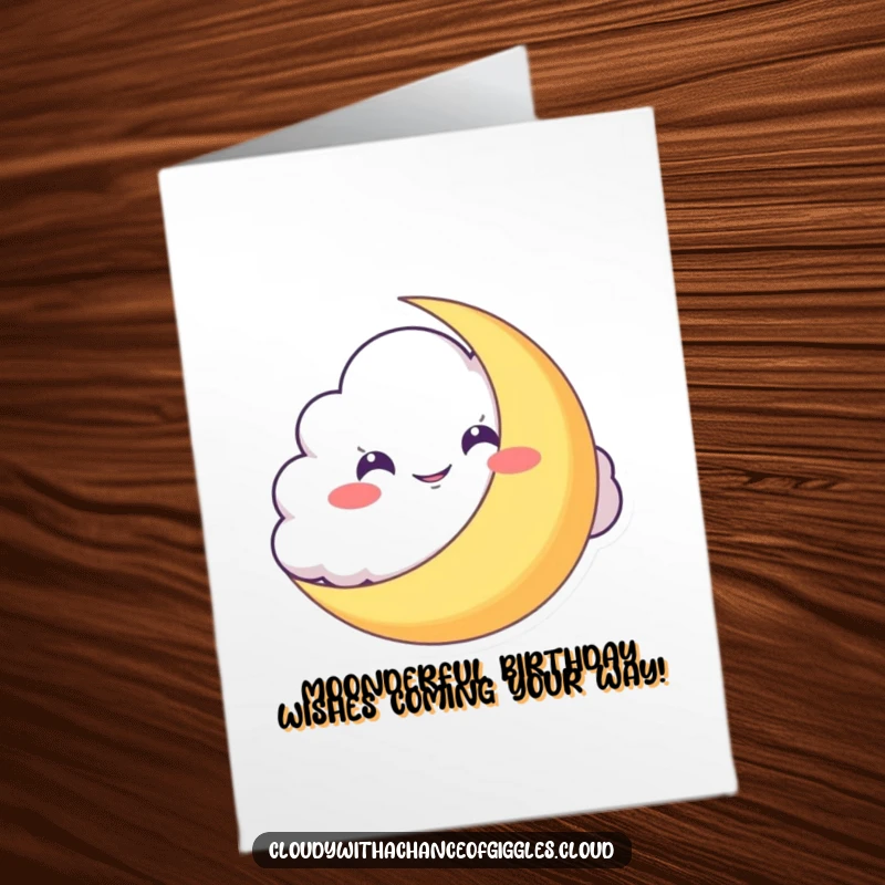 Funny Free Printable Birthday Card: Mischievous cloud grins behind a crescent moon, ready to deliver laughs.