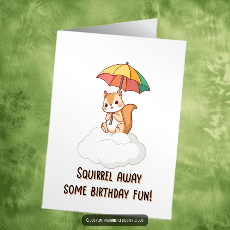 Funny Free Printable Birthday Card: A mischievous squirrel balanced on a cloud, holding an umbrella upside down in a funny pose.