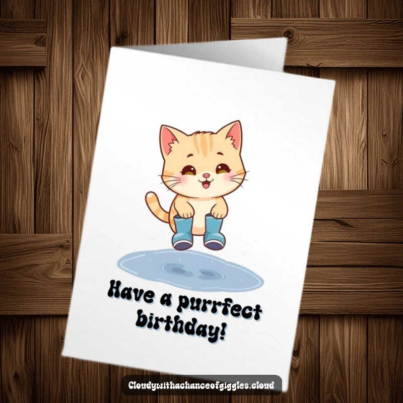 Funny Free Printable Birthday Card: Smiling cat in rain boots jumping puddle, playful, joyful, downloadable.
