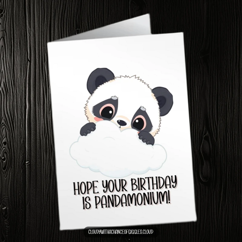 Funny Free Printable Birthday Card with a curious panda cub peeking over a cloud.