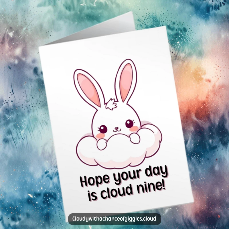Funny Free Printable Birthday Card: Kawaii bunny peeking shyly from behind a big, smiling cloud, ready for celebration.