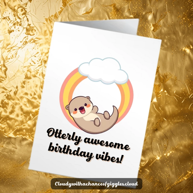 Funny Free Printable Birthday Card: A gleeful otter joyfully sliding down a vibrant rainbow arc from a cloud, pure downloadable bliss.