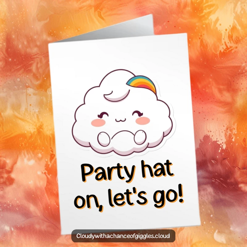 Funny Free Printable Birthday Card: Cute cloud animal wearing a rainbow hat waves hello, ready for a party.