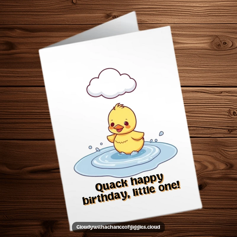 Funny free printable birthday card featuring a happy duckling splashing in a puddle under a cloud, celebrating joy.