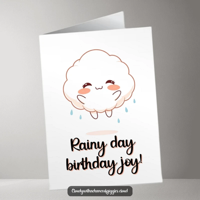 Funny Free Printable Birthday Card: A fluffy white cloud with rosy cheeks joyfully jumping with streaks of rain.