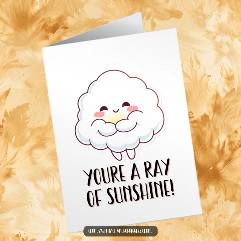 Funny Free Printable Birthday Card: Cheerful cloud character joyfully embracing a small, glowing sunbeam.