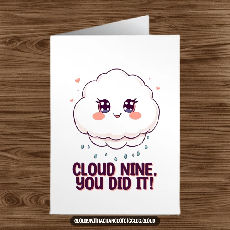 Funny Free Printable Congratulations Card: Fluffy cloud character with wide eyes raining tiny smiles, happy and celebratory, downloadable.