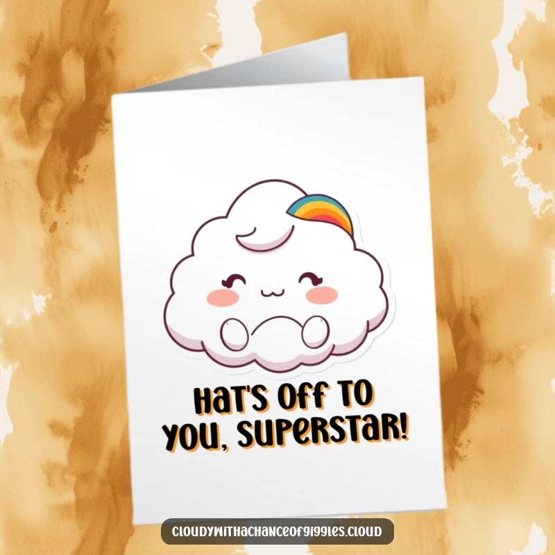 Funny Free Printable Congratulations Card: Adorable cloud animal in a rainbow hat waves enthusiastically, celebrating success.