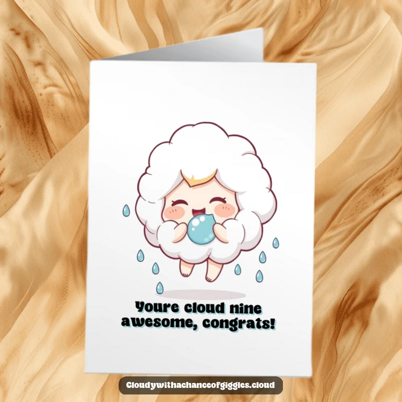 Funny Free Printable Congratulations Card: A fluffy cloud child giggles, bouncing a raindrop ball to celebrate.