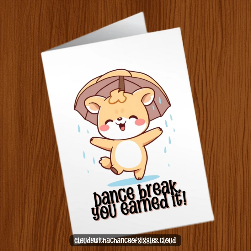 Funny Free Printable Congratulations Card: Happy animal character joyfully dancing in a gentle rain shower, celebrating success, downloadable.