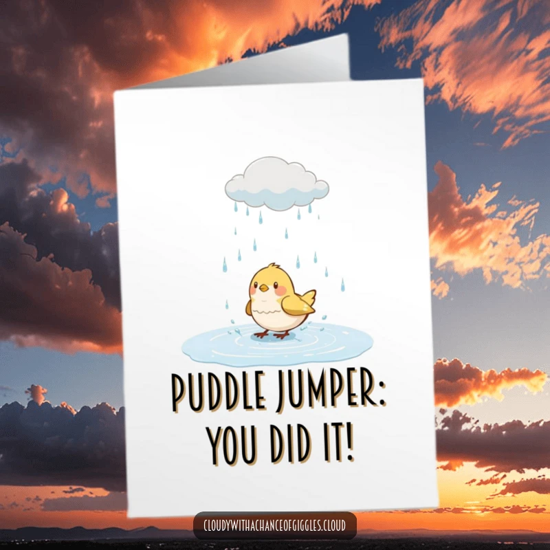 Funny Free Printable Congrats Card: A happy bird splashing joyfully in a puddle, celebrating a special achievement.
