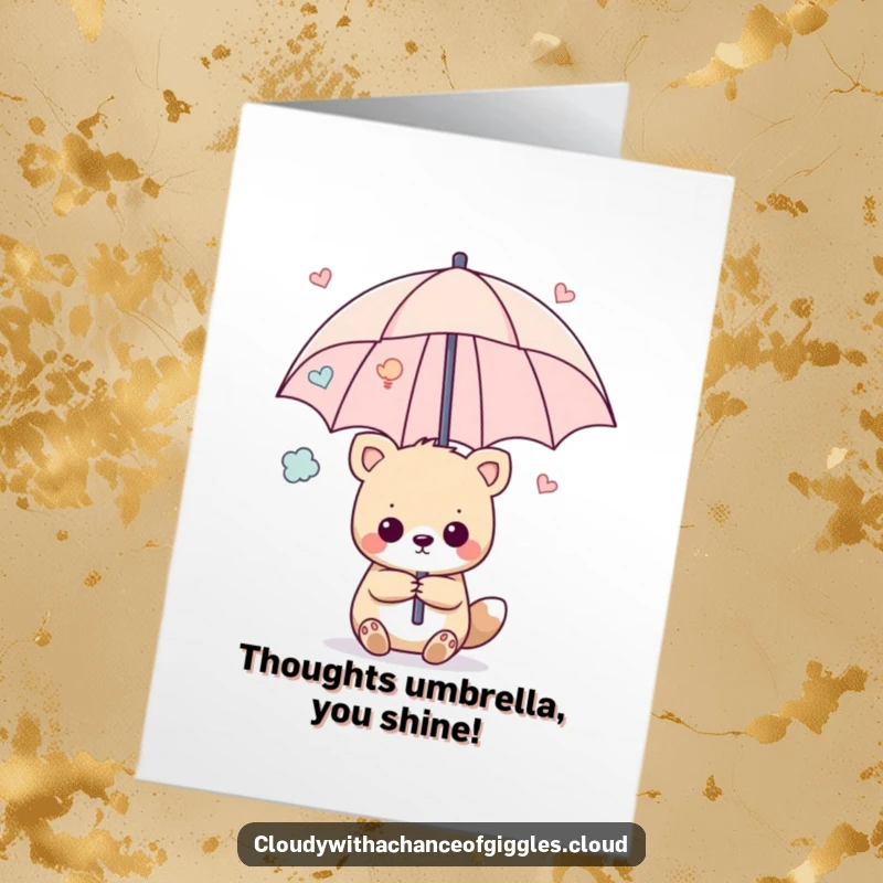 Funny Free Printable Congrats Card: A comical animal holding aloft an umbrella made entirely of cheerful, floating happy thoughts.