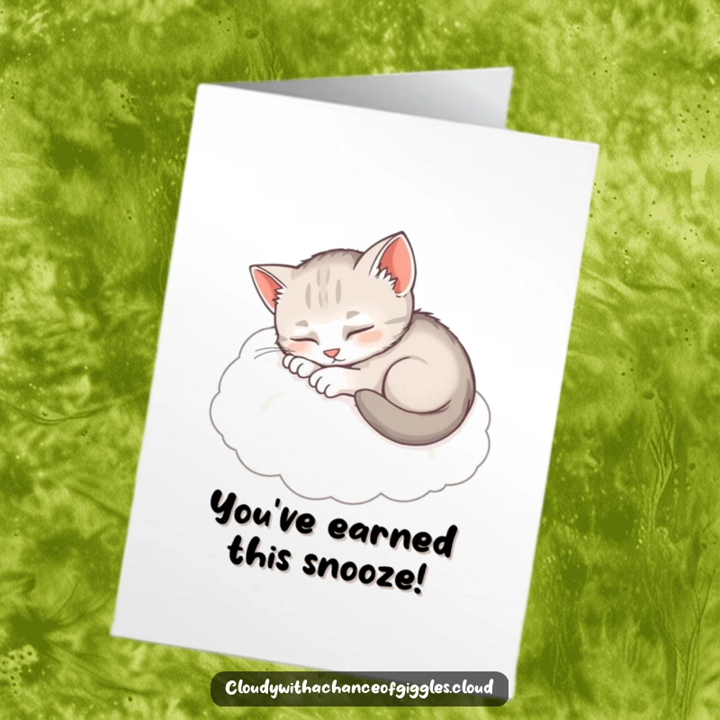 Funny Free Printable Congratulations Card: A sleepy kitten napping soundly on a fluffy cloud, embodying tranquility.