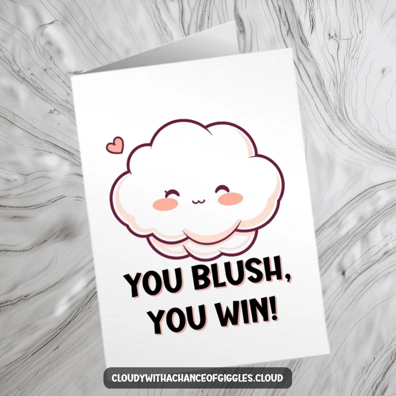 Funny Free Printable Congrats Card: A cloud character with rosy cheeks, blushing happily as a gentle breeze tickles it.