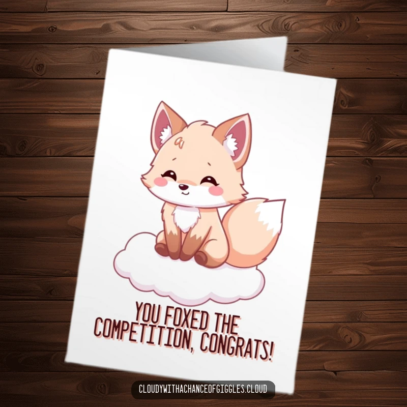 Funny Free Printable Congratulations Card: A happy fluffy fox sits on a cloud, wagging its tail, celebrating your success.