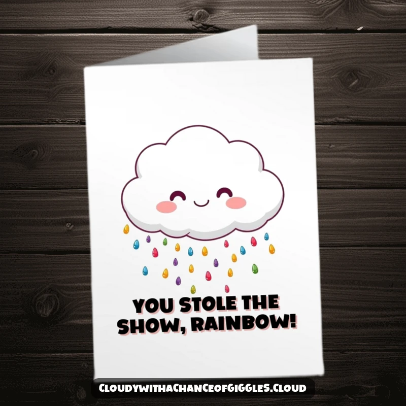 Funny Free Printable Congratulations Card: Cloud character raining colorful drops, celebrating, happy, downloadable.