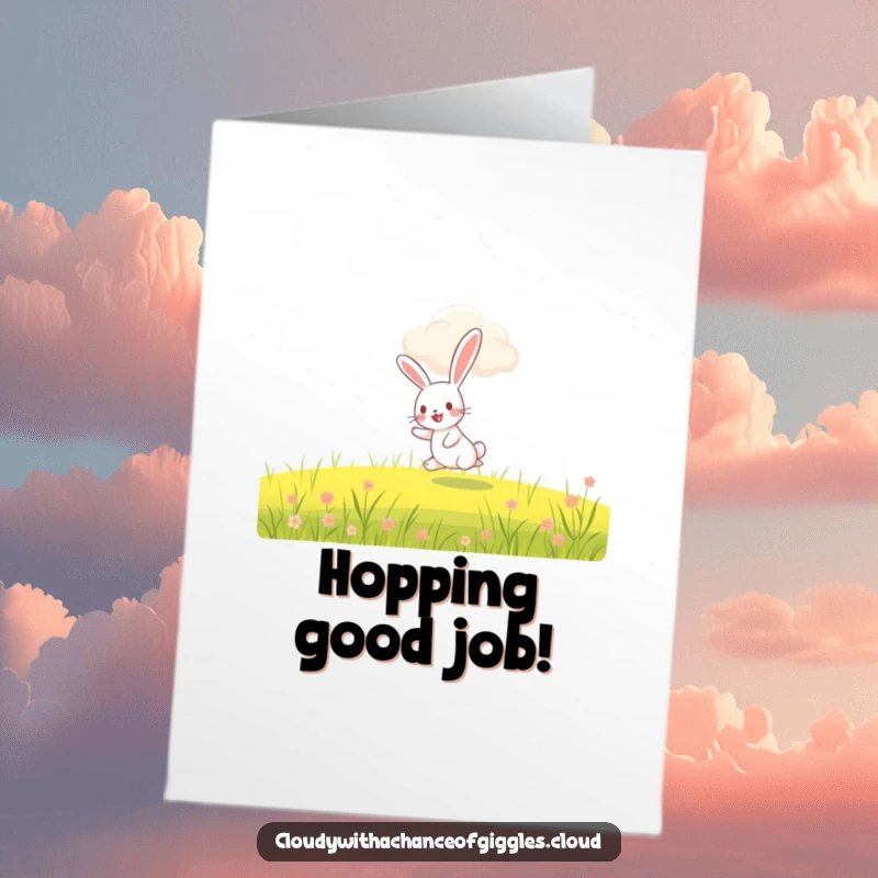 Funny Free Printable Congrats Card: A happy rabbit bounding through a field beneath a cheerful, smiling cloud.