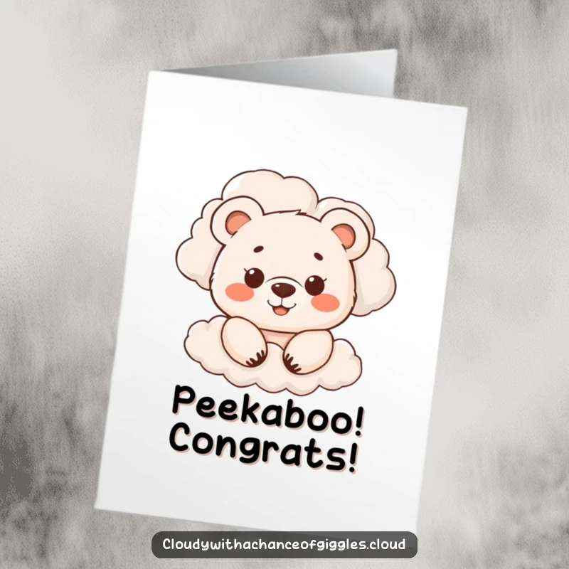 Funny Free Printable Congratulations Card: A happy bear cub peeks out from behind dramatic clouds, celebrating a big win.