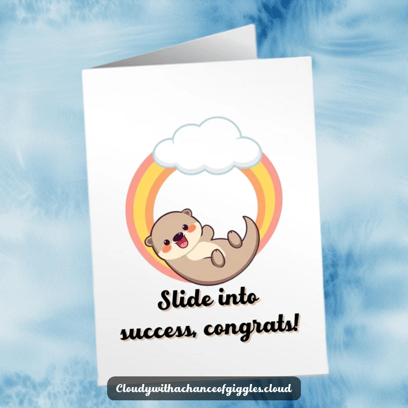 Funny Free Printable Congratulations Card: A happy otter slides down a rainbow from a cloud, symbolizing a fantastic, downloadable achievement.