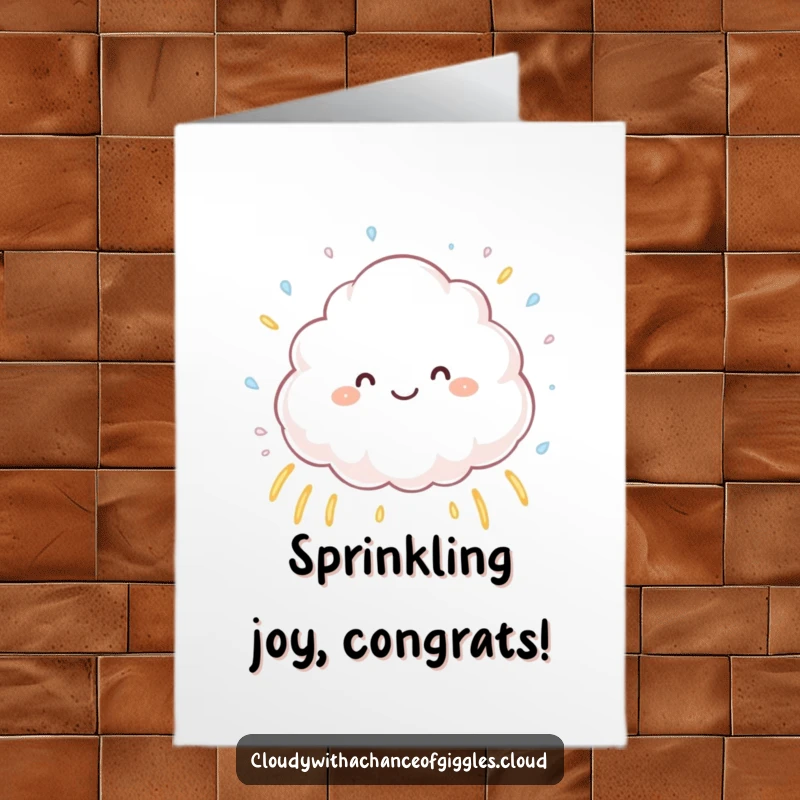 Funny Free Printable Congratulations Card: Cloud character sprinkling rainbow raindrops, perfect for celebrations.