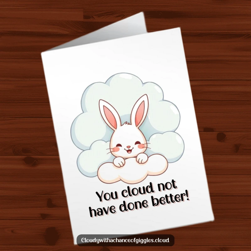 Funny Free Printable Congratulations Card: Joyful bunny peeking from a fluffy cloud, announcing good news with a happy expression.