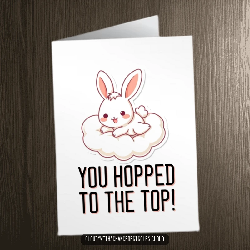 Funny Free Printable Congratulations Card with a cheerful bunny sliding down a cloud.