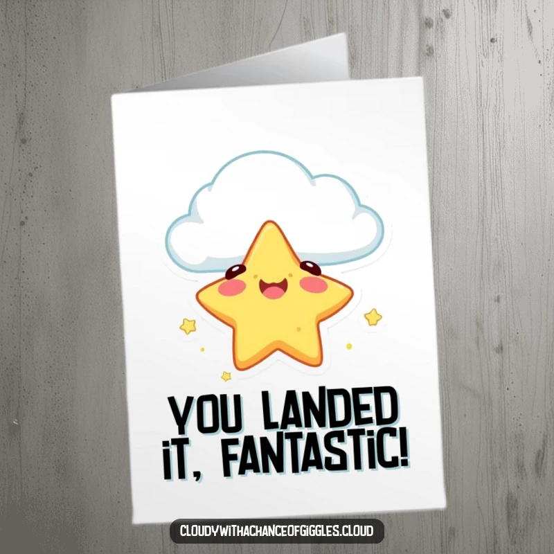 Funny Free Printable Congrats Card: A happy star character falling gently from a cloud, landing safely with a triumphant smile.