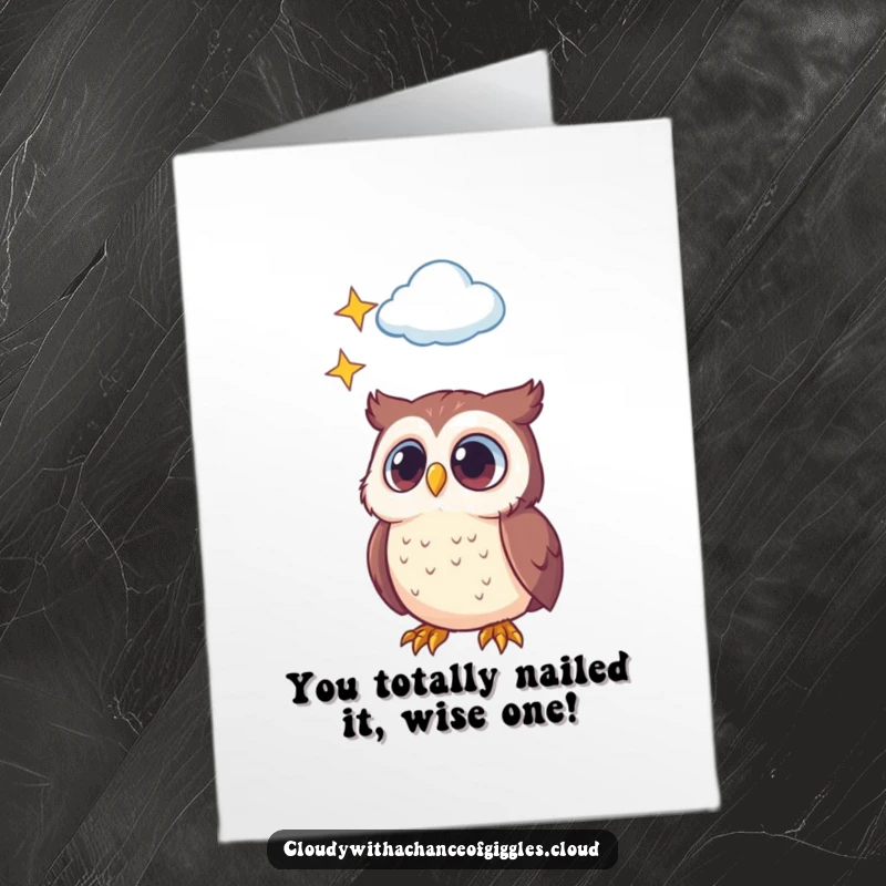 Funny Free Printable Congratulations Card: Adorable owl looks up at a star-filled cloud, celebrating achievements with charm.