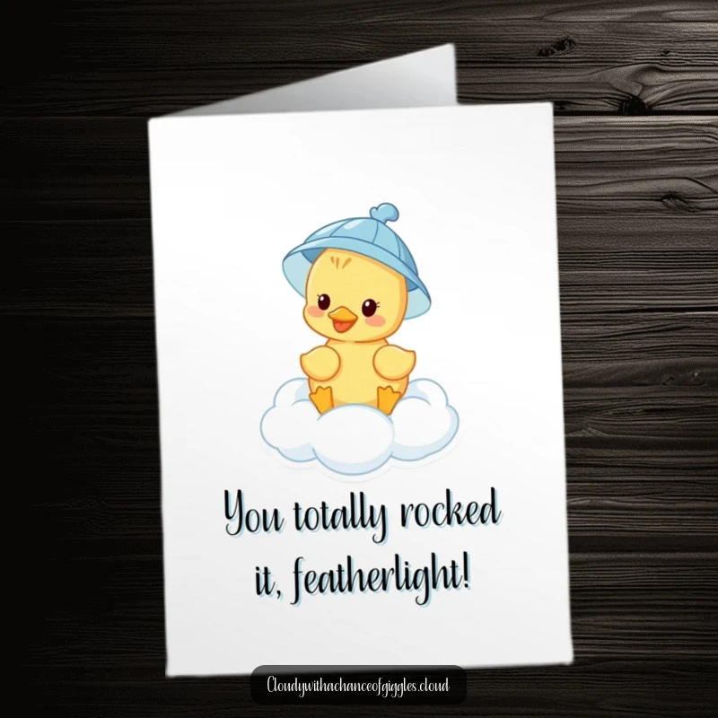 Funny Free Printable Congratulations Card: A cheerful duckling wearing a rain hat floats on a cloud, perfect for celebrating.