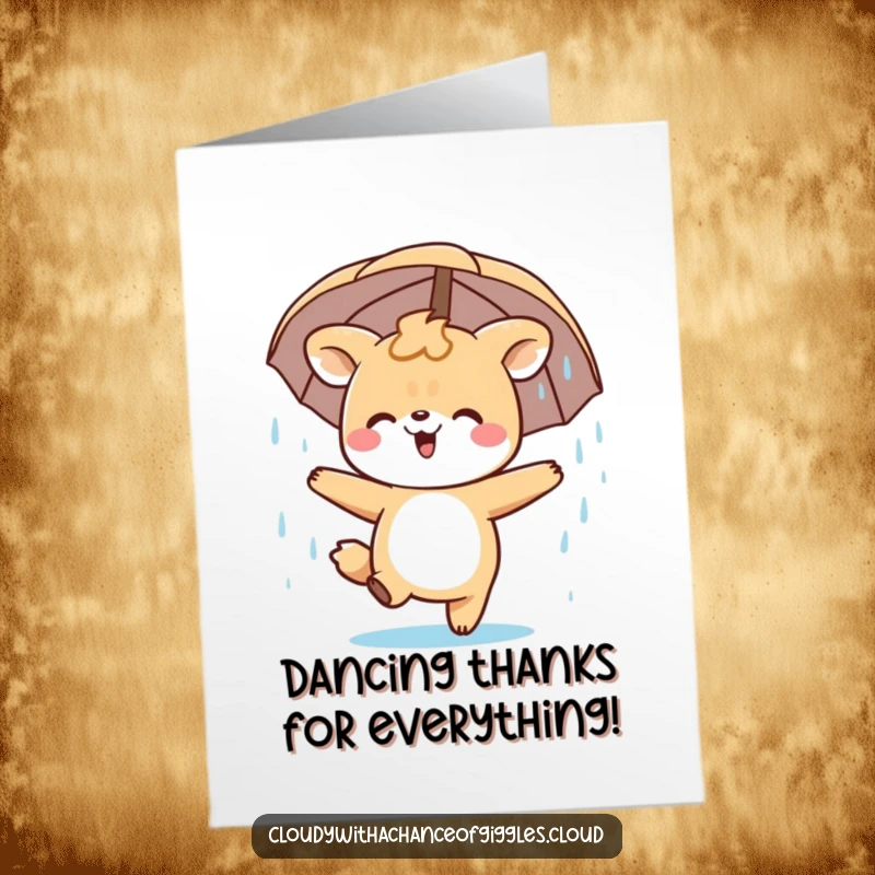Funny Free Printable Thank You Card: Happy animal character joyfully dancing in a gentle rain shower, expressing thanks, downloadable.
