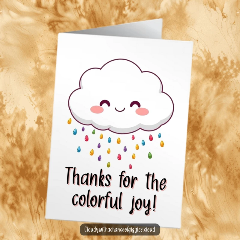 Funny Free Printable Thank You Card: Cloud character raining colorful raindrops, expressing thanks, happy, downloadable.