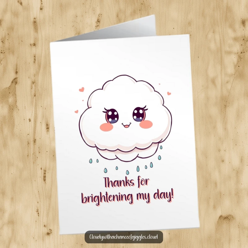 Funny Free Printable Thank You Card: Fluffy cloud character with wide eyes raining tiny smiles, expressing thanks, whimsical downloadable.