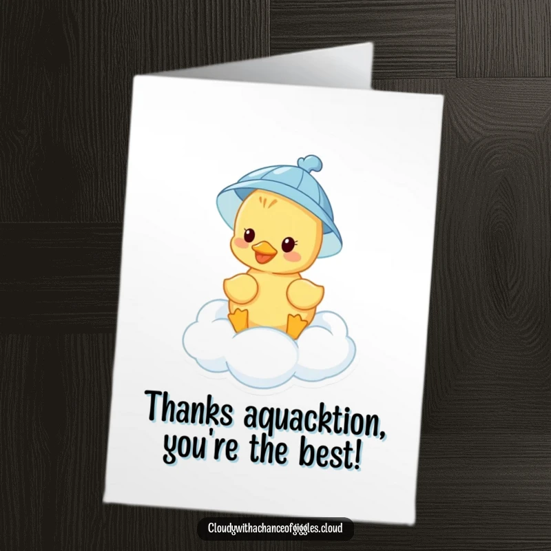 Funny Free Printable Thank You Card: A cute duckling in a rain hat drifts on a cloud, expressing thanks with humor.