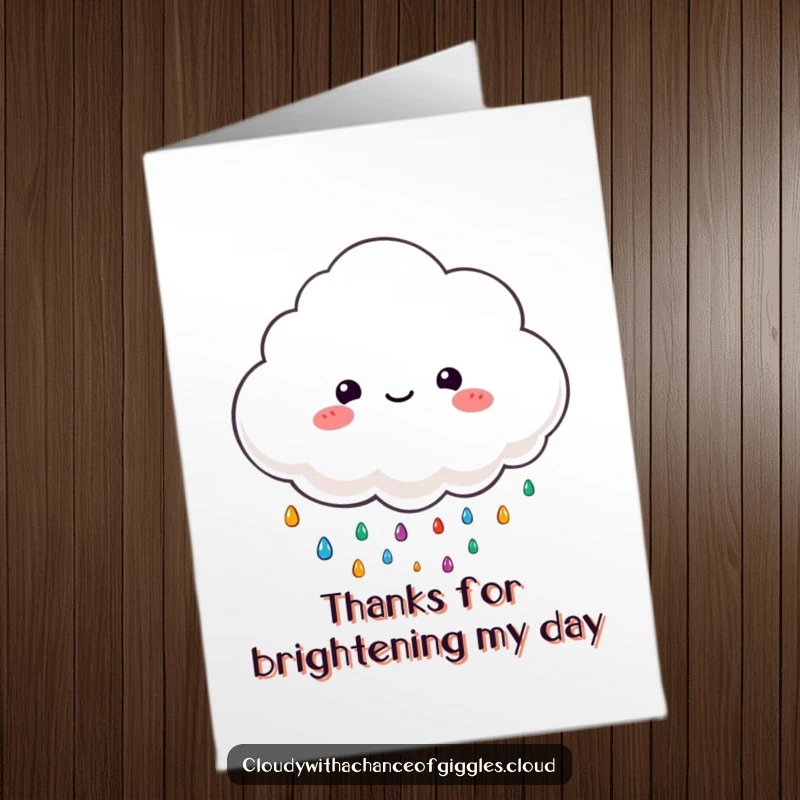 Funny Free Printable Thank You Card: Fluffy cloud character happily rains colorful drops, expressing sincere thanks with a smile.