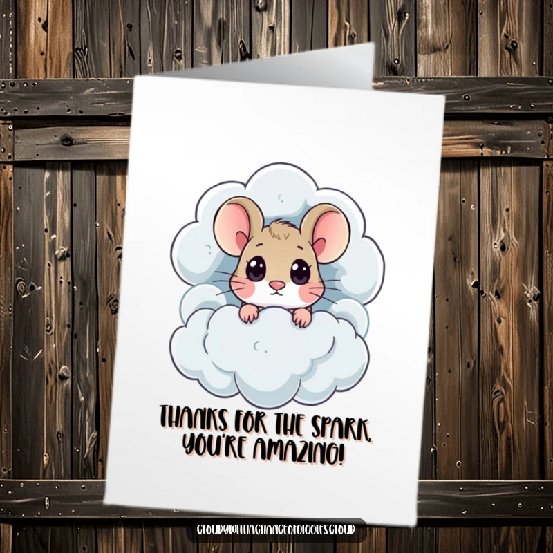Funny Free Printable Thank You Card: A wide-eyed mouse peeks from a thundercloud, offering thanks with a playful, curious expression.