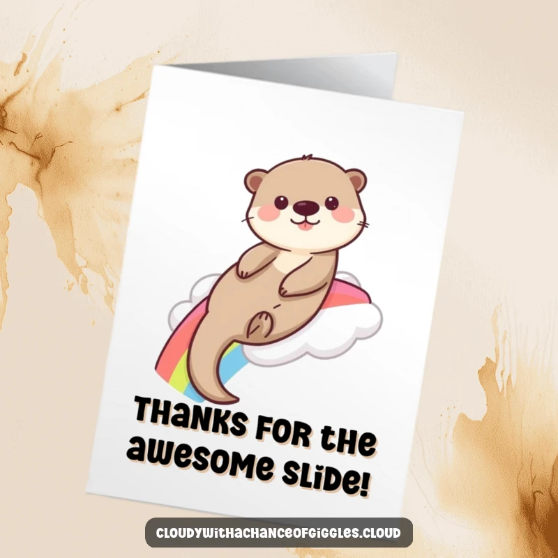 Funny Free Printable Thank You Card: A playful otter slides down a colorful rainbow from a cloud, expressing thanks with energetic glee.